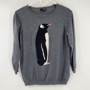 The Limited Womens Grey Penguin Intarsia Cotton Knit Crewneck Sweater Medium